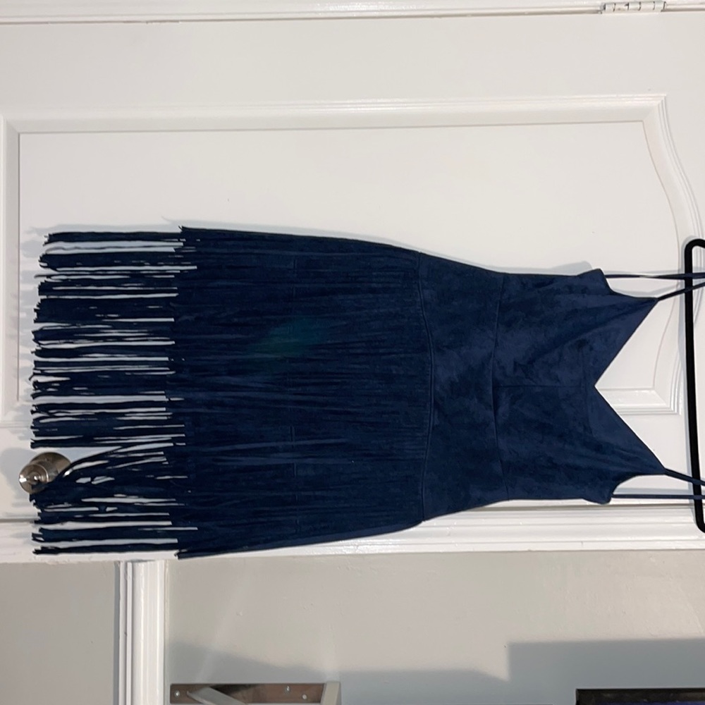 BCBG EVIN FAUX-SUEDE TIERED FRINGE DRESS